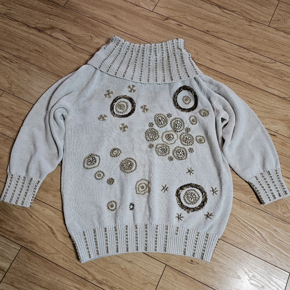 Vintage 80s Victoria Harbour Beaded Cream Knit Turtleneck Sweater Size Large
